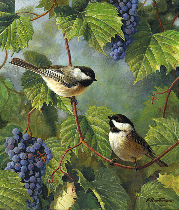 Chickadees and Grapes painting